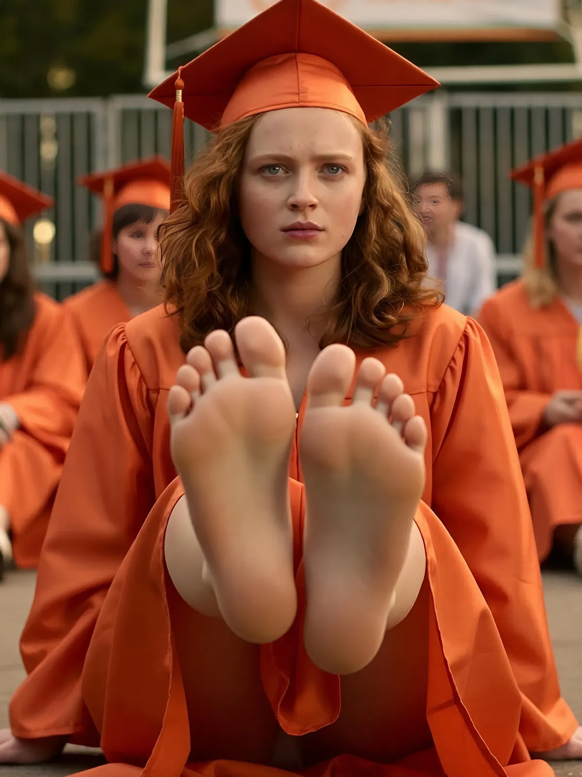 Graduation Ceremony Wide Shot Orange Cap Gown Feet Foreground