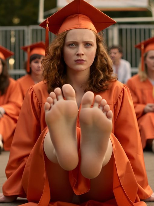 Wide shot of a woman in an orange graduation gown sitting with feet in foreground during ceremony.