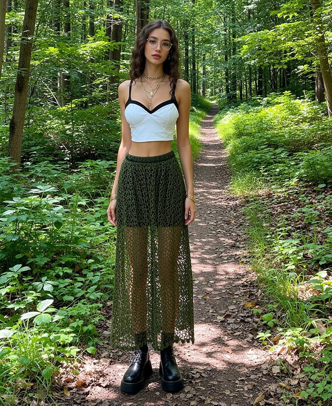 Forest Path Woman White Crop Top Green Lace Skirt