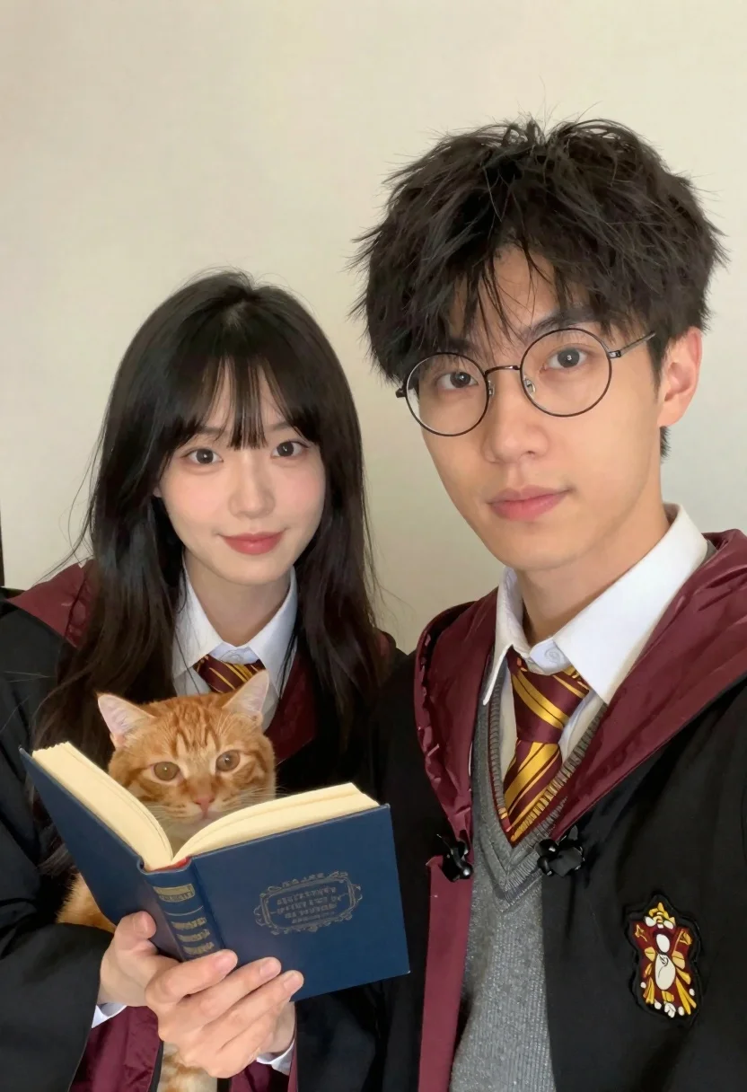 Selfie Young Man And Woman Hogwarts-style Robes Posing With Orange reference photo
