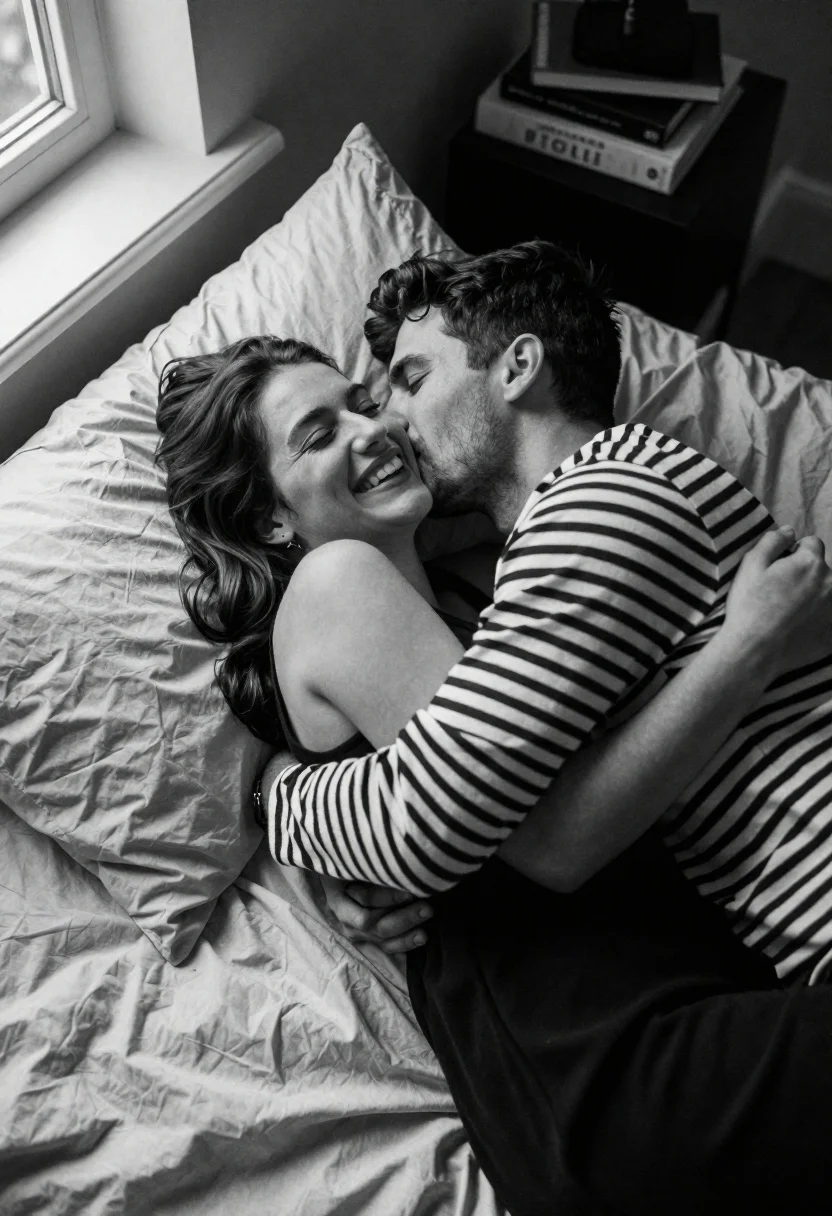 High-angle shot of a couple embracing on a bed, soft natural light illuminating their faces in a warm atmosphere.