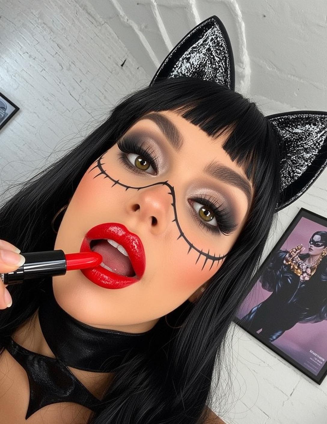 Halloween Makeup Cat-like Long Black Hair Bangs
