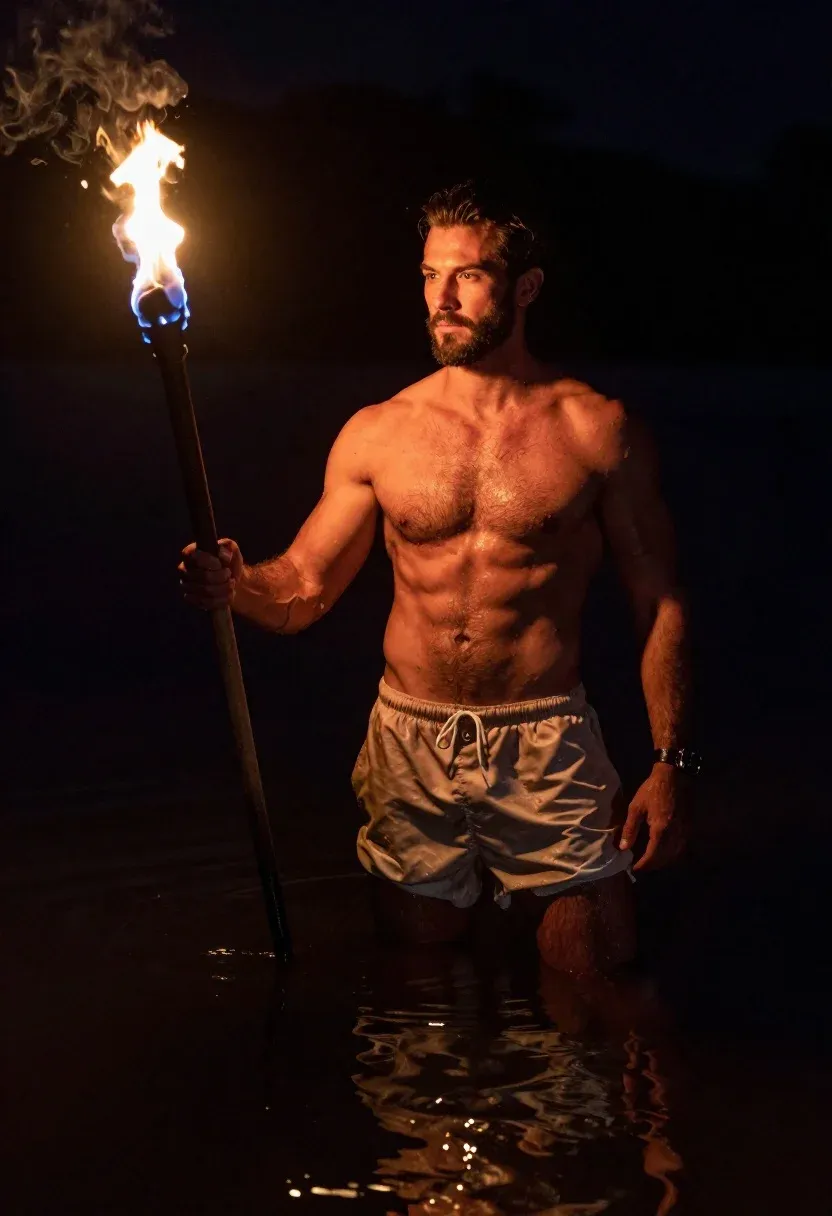 Cinematic Medium Shot Muscular Man With Defined Abs And Beard