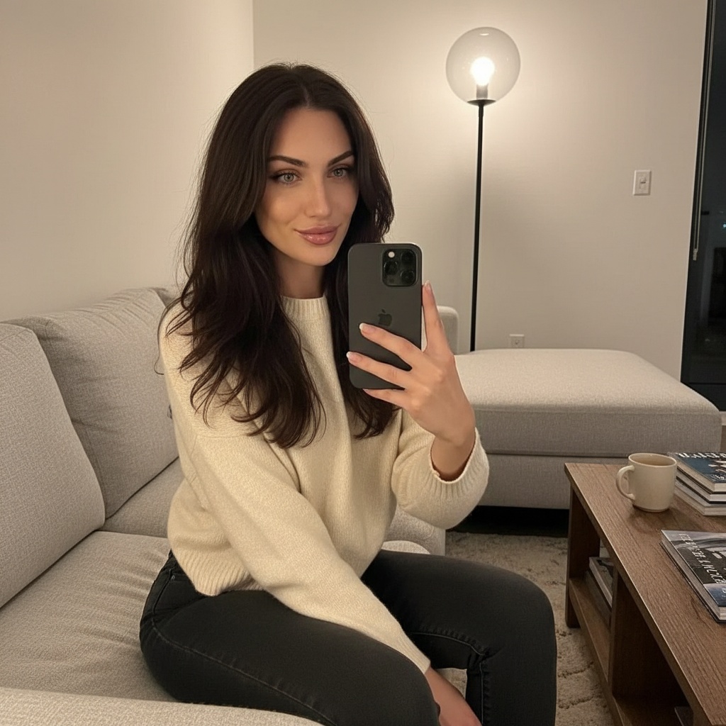 Photorealistic apartment-to-cafe selfie preview with the reviewed outfit, pose, setting, lighting, and camera framing.