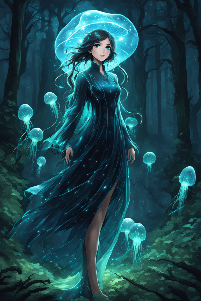 Anime Forest Illustration Bioluminescent Jellyfish Halo