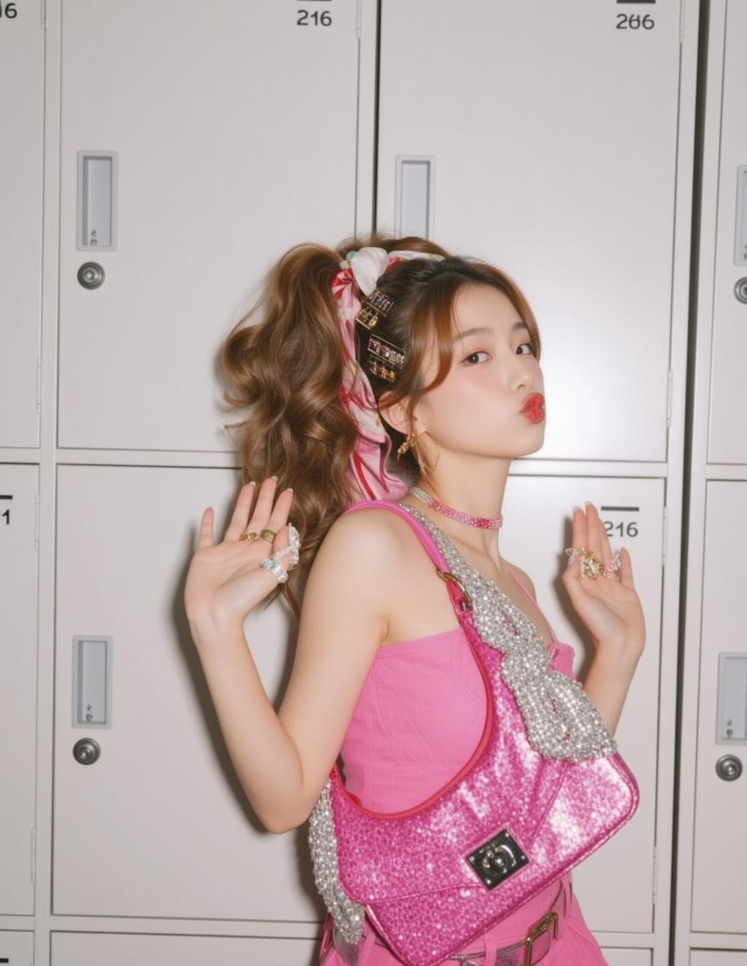 Pink Hallway Locker Pose