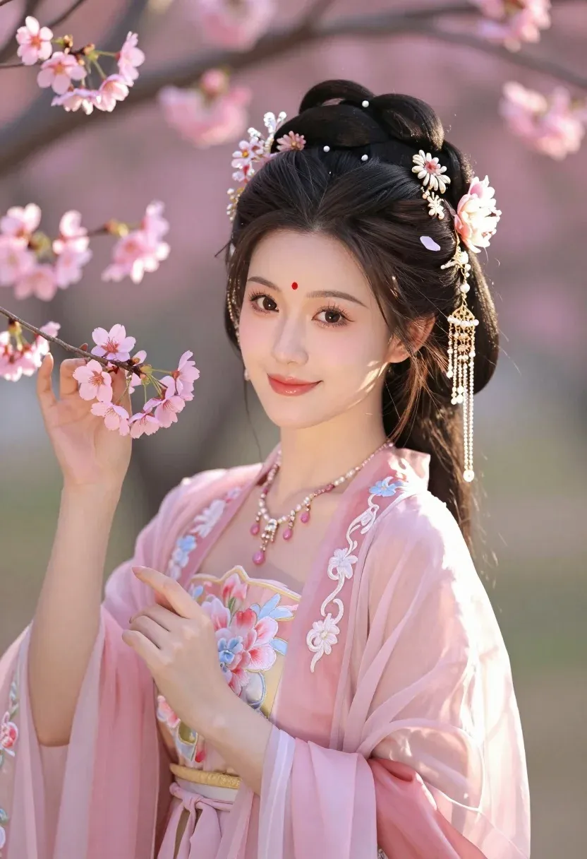 Beautiful Young Woman Traditional Chinese Attire Stands Amidst Blooming Cherry