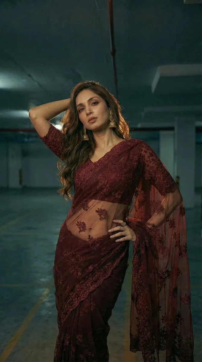 Realistic Female Model Maroon Saree Parking Garage