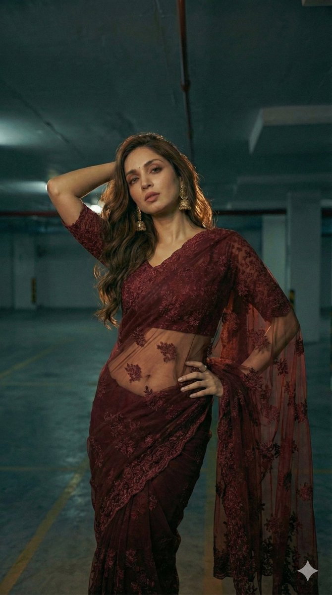 Female model in a deep maroon saree, confidently standing in a parking garage with soft light highlighting her features