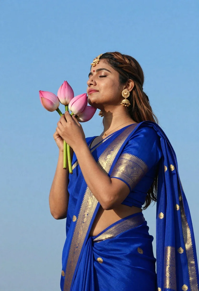 Serene Woman Profile Holding Pink Lotus Buds Near Her Face reference photo
