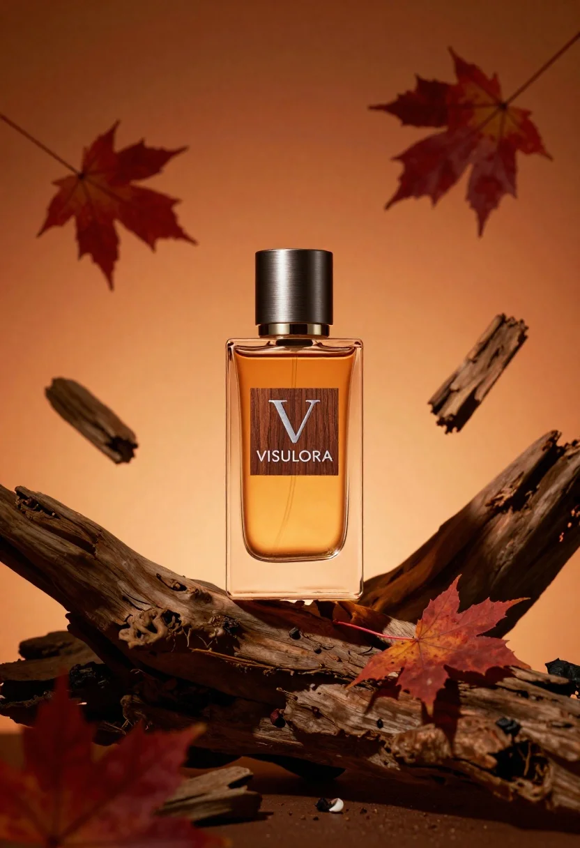 Luxurious amber perfume bottle on gnarled driftwood with autumn leaves on warm orange background.