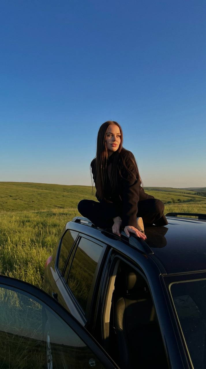 Girl On Mercedes Roof Aladdin Pose Golden Hour Green Hills