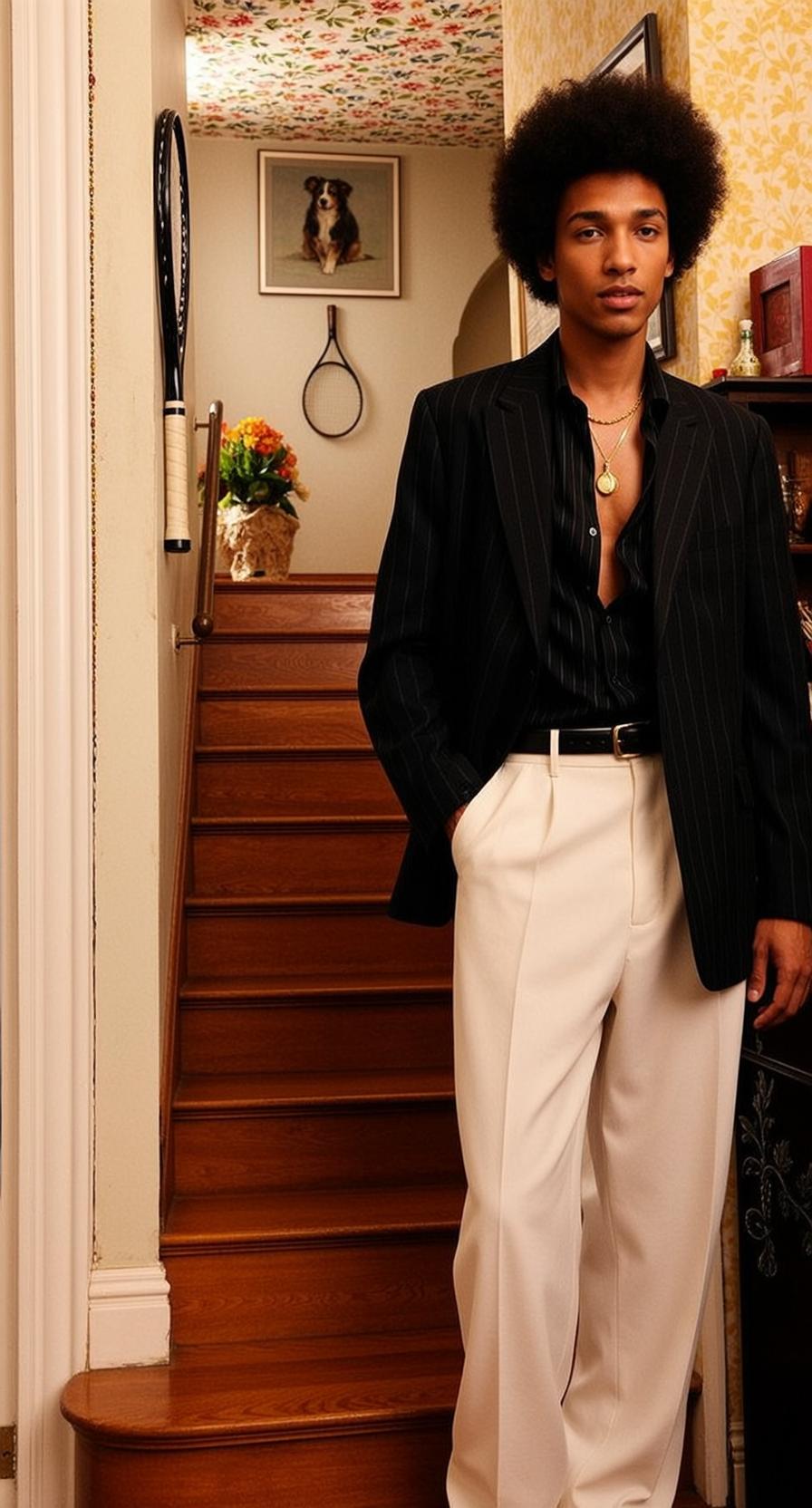 Young Black Afro Medium Brown Pinstripe Button-up