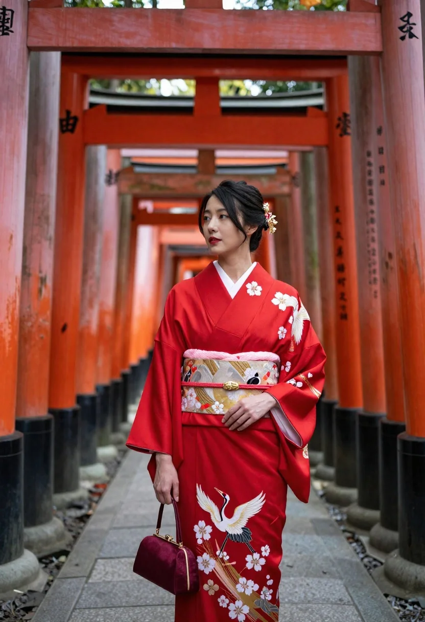 Woman Stands Vibrant Red Kimono Adorned With White Crane And