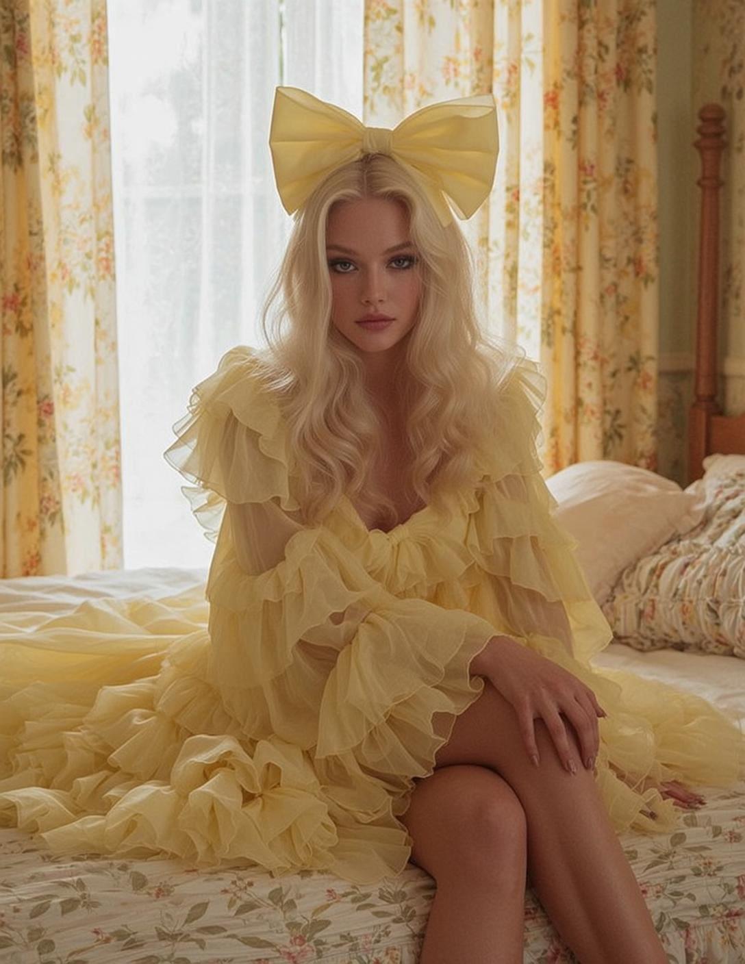 Ruffled Yellow Dress Large Yellow Bow on Her Head