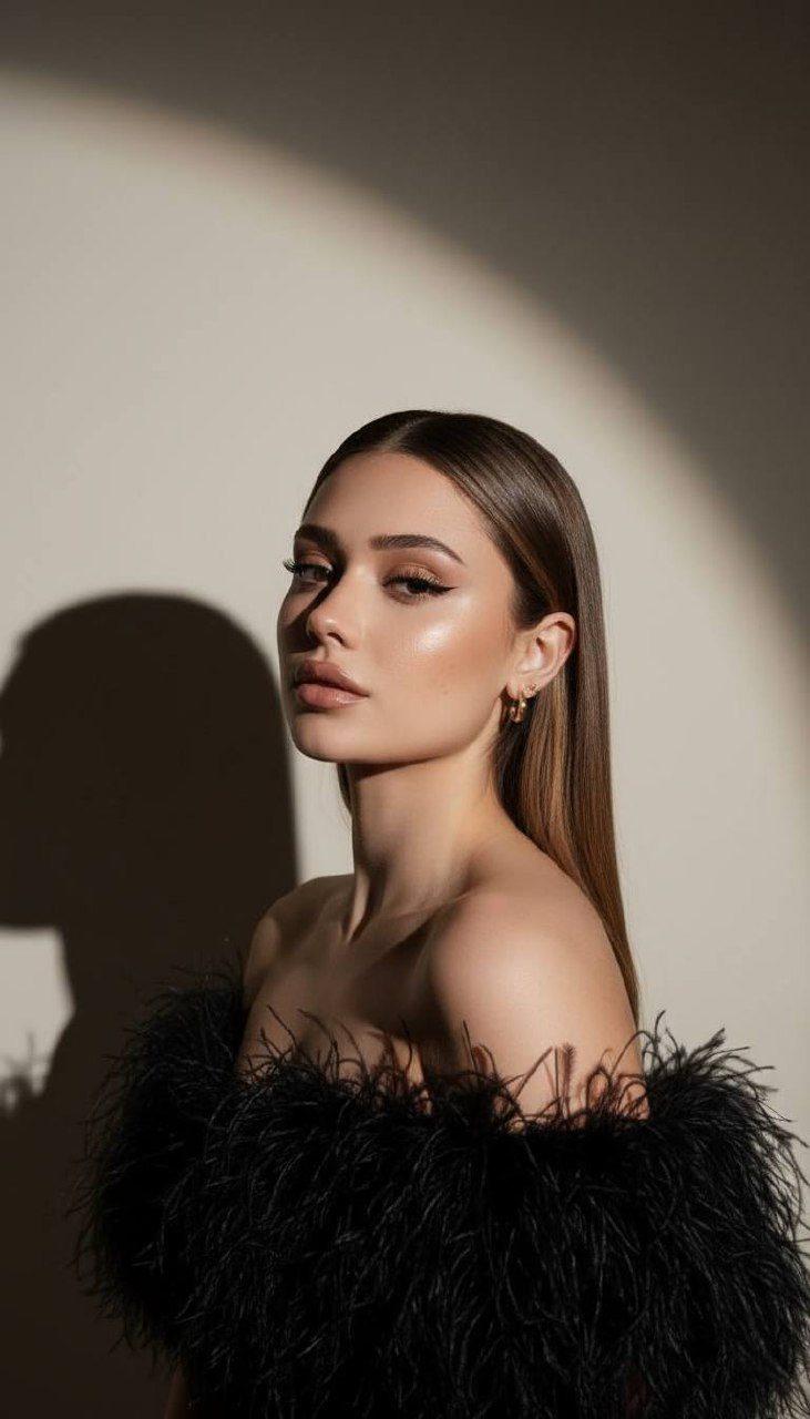 A fashionable woman in an off-the-shoulder feather dress with smooth hair styled down, confidently gazing into the camera.