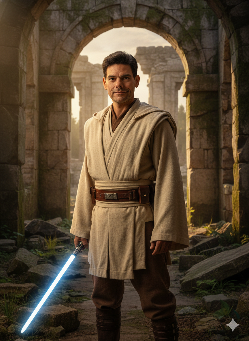 A person in a beige Jedi robe with a serious yet friendly expression, standing in a temple with natural lighting and soft shadows.