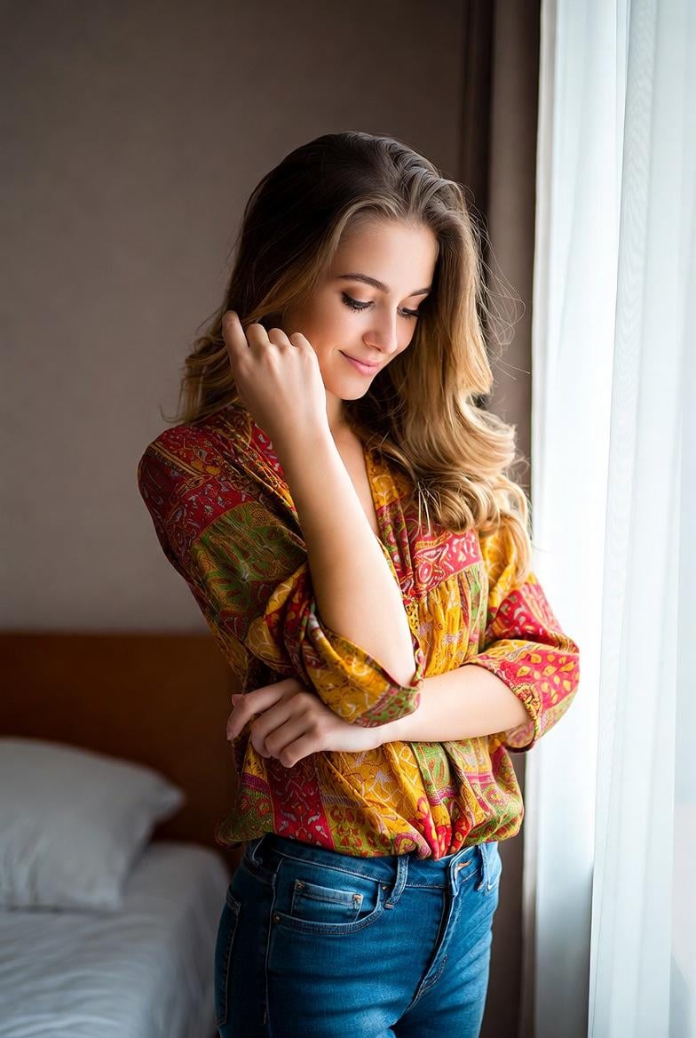 Paisley Blouse And Jeans By Window