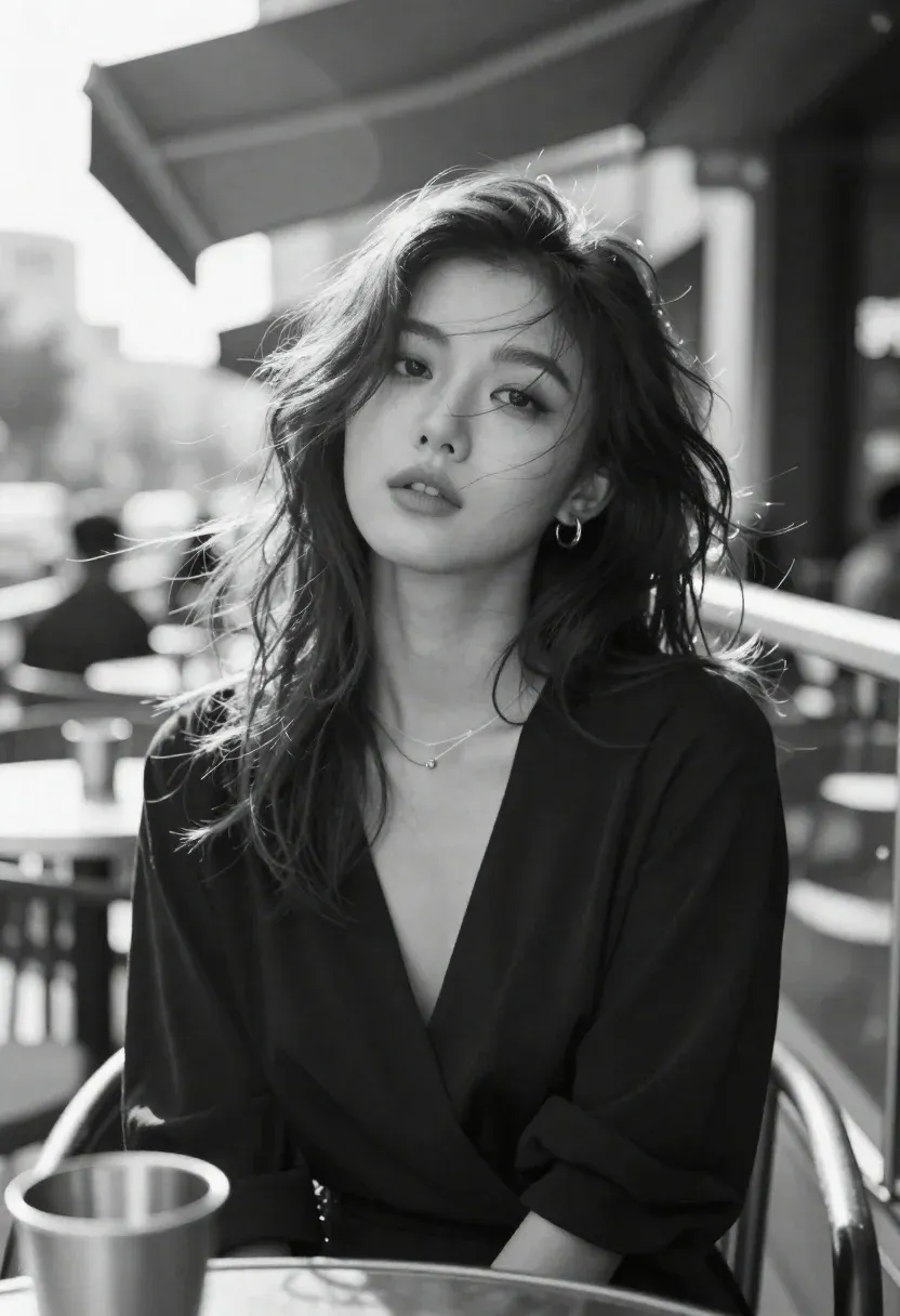 Black And White Medium Shot Woman Seated Outdoor Table Under