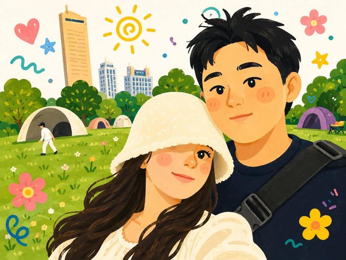 Two people taking a selfie in a bright park, one in a white fuzzy bucket hat and knit sweater, surrounded by flowers and tents.