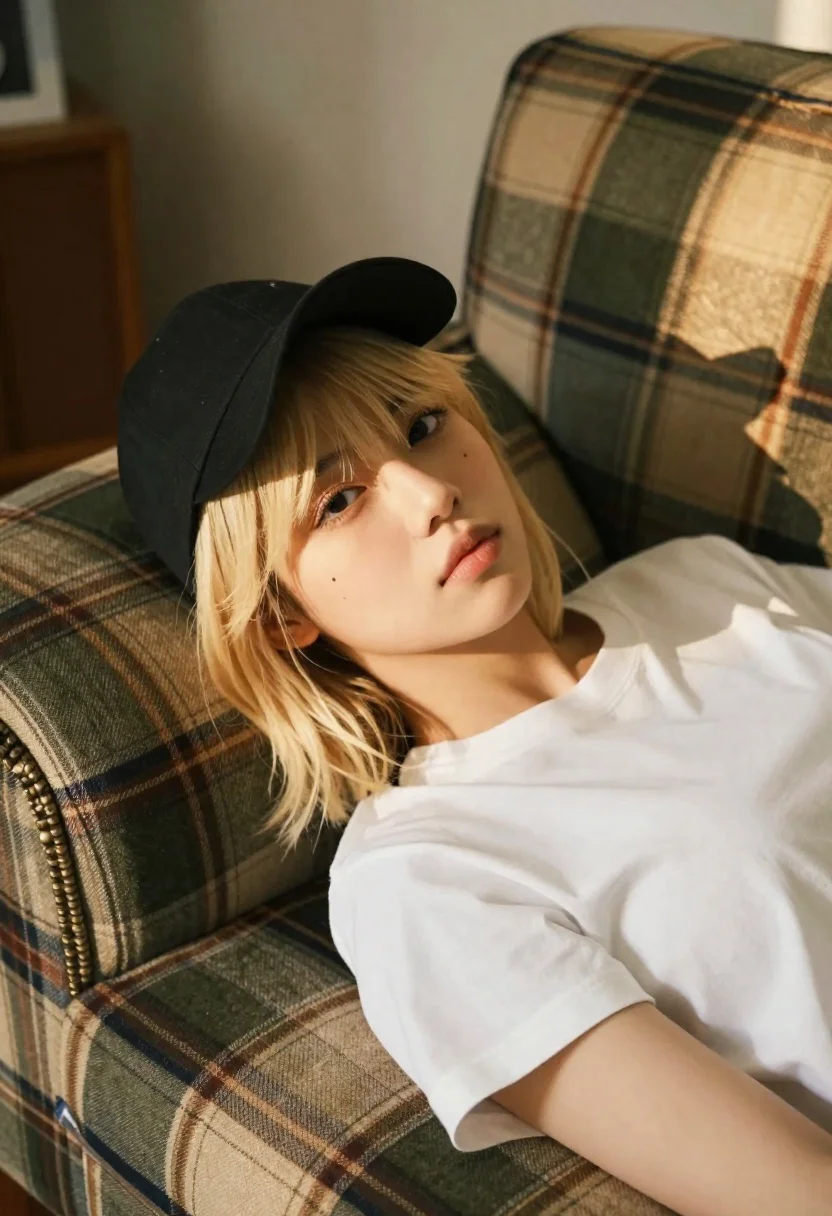 Young Woman With Blonde Hair And Bangs Lies Back Plaid reference photo