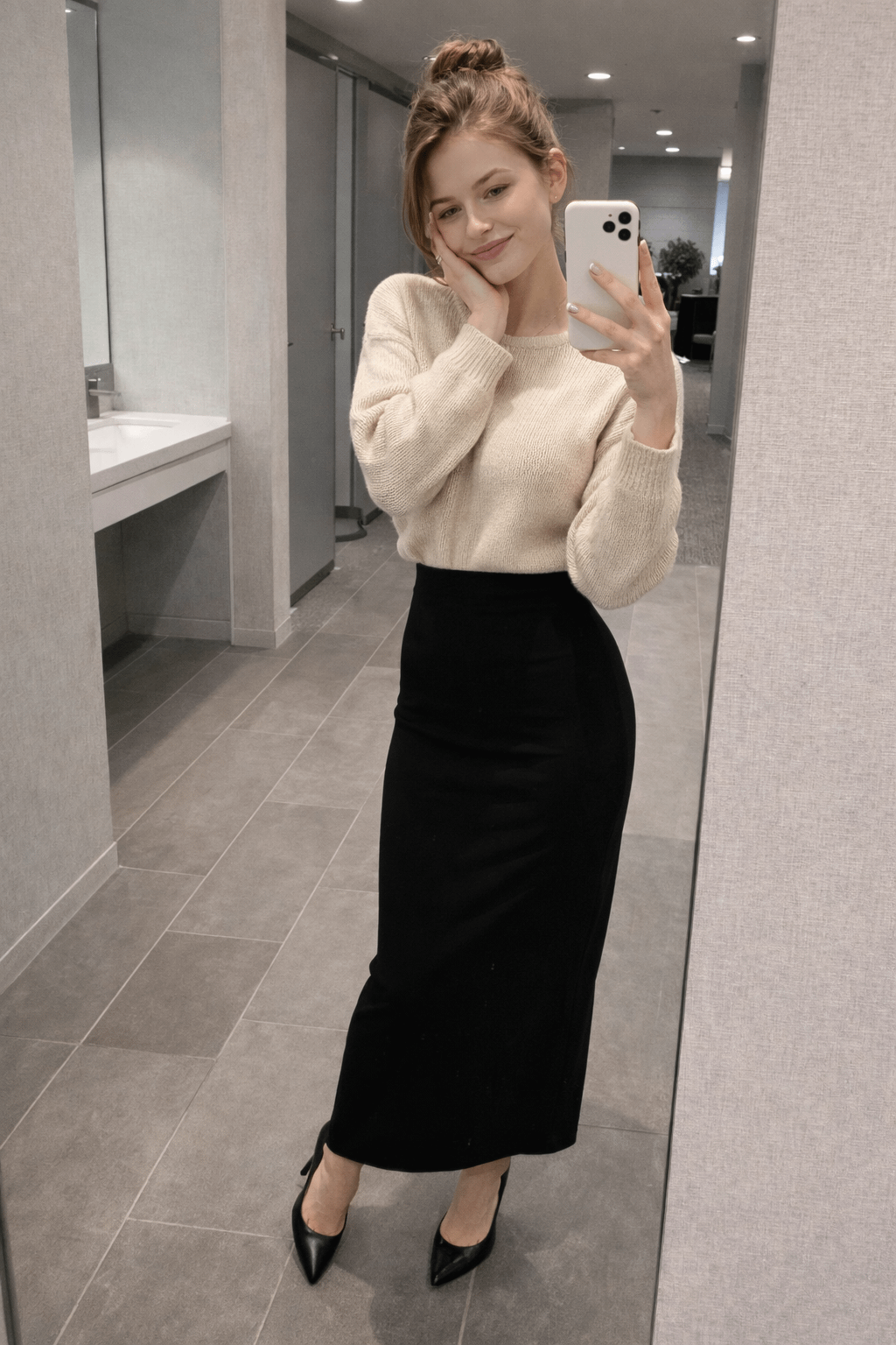 A full-body selfie in a modern bathroom showcasing a person in a cream knit sweater and black pencil skirt with stiletto heels.
