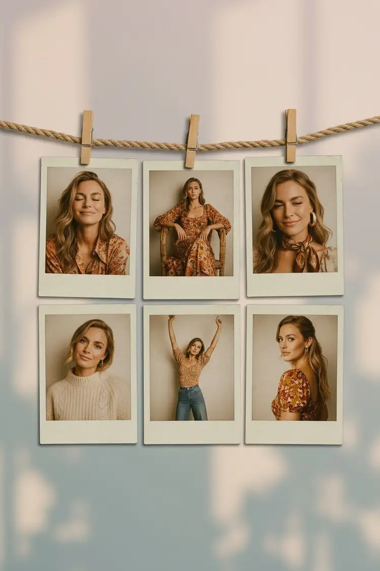 Artistic collage featuring vintage Polaroid photos with decorative rope and clothespins on a soft pastel wall.