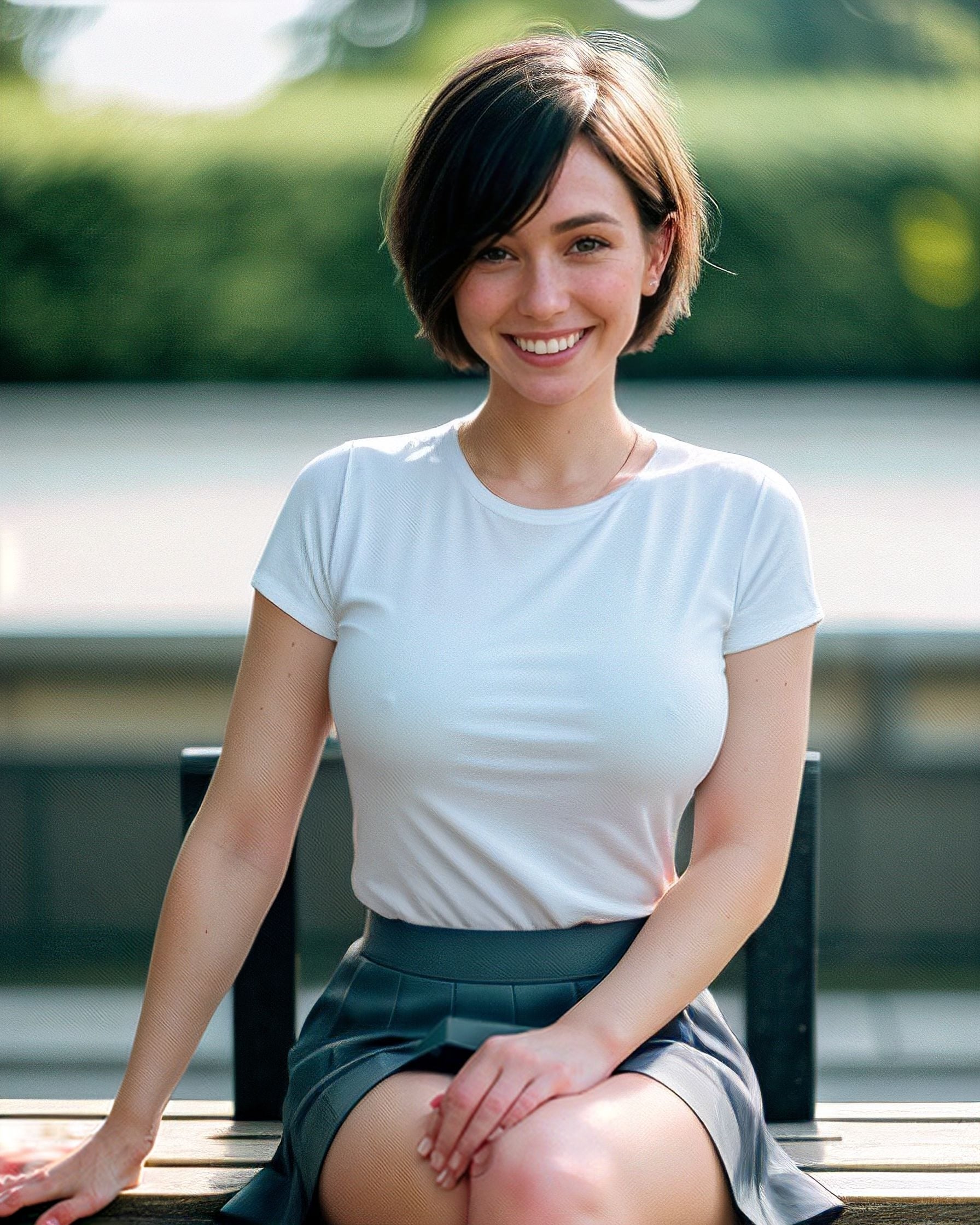 White T Shirt Pleated Skirt Park Bench