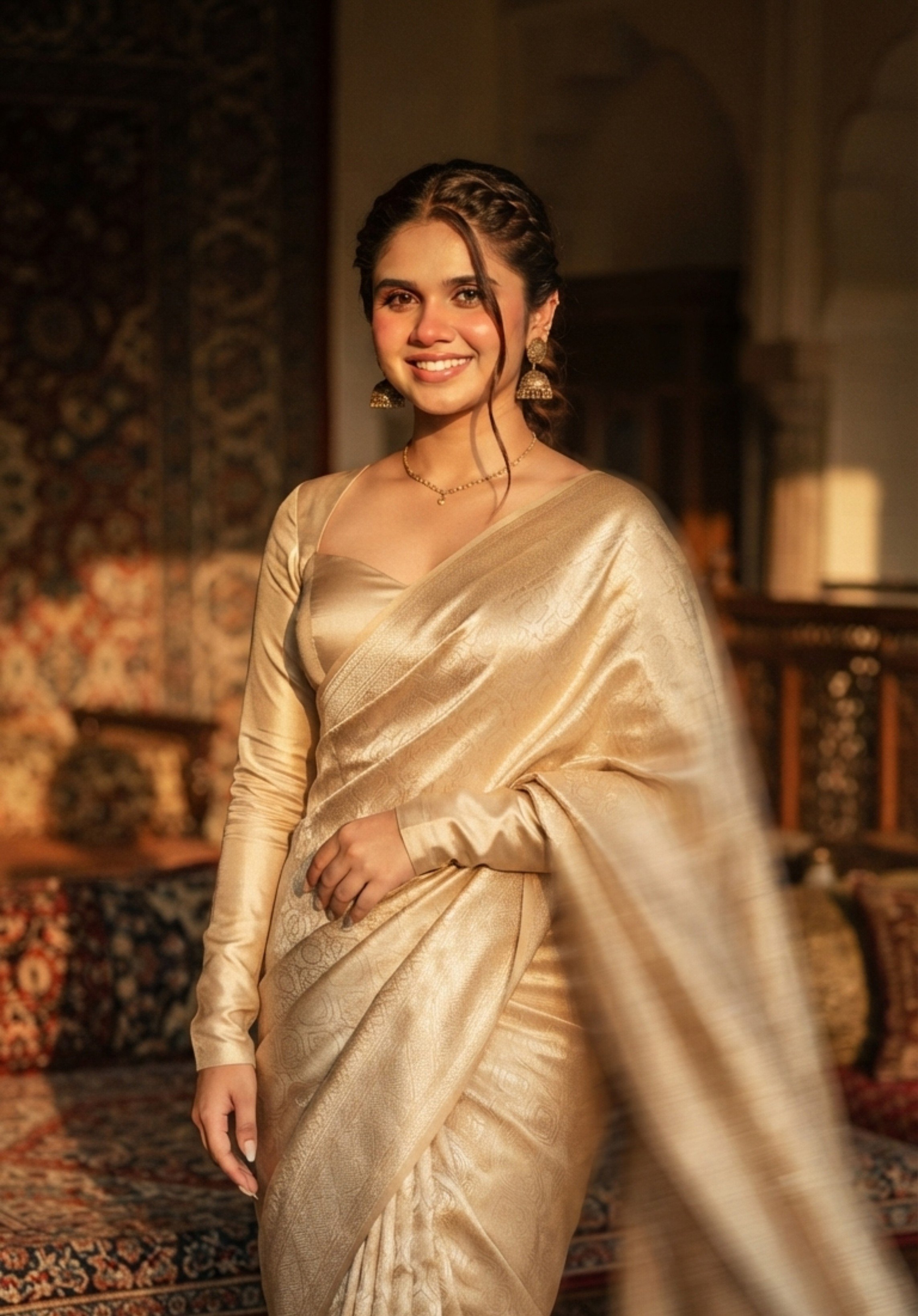 Vogue India Editorial Champagne Gold Saree Bokeh
