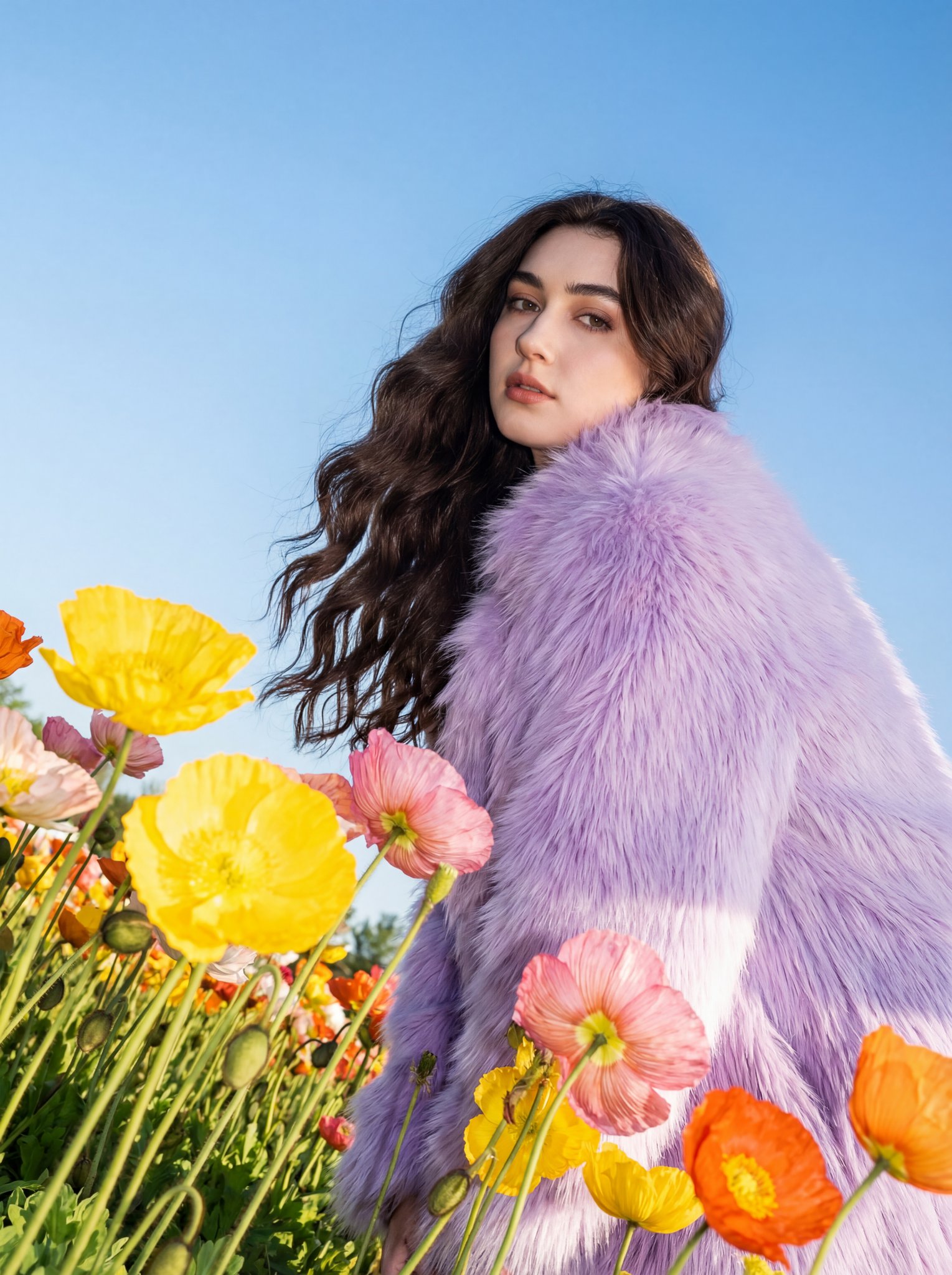 A striking outdoor fashion portrait featuring a model in a lavender faux fur coat amidst colorful poppies under a bright blue sky.