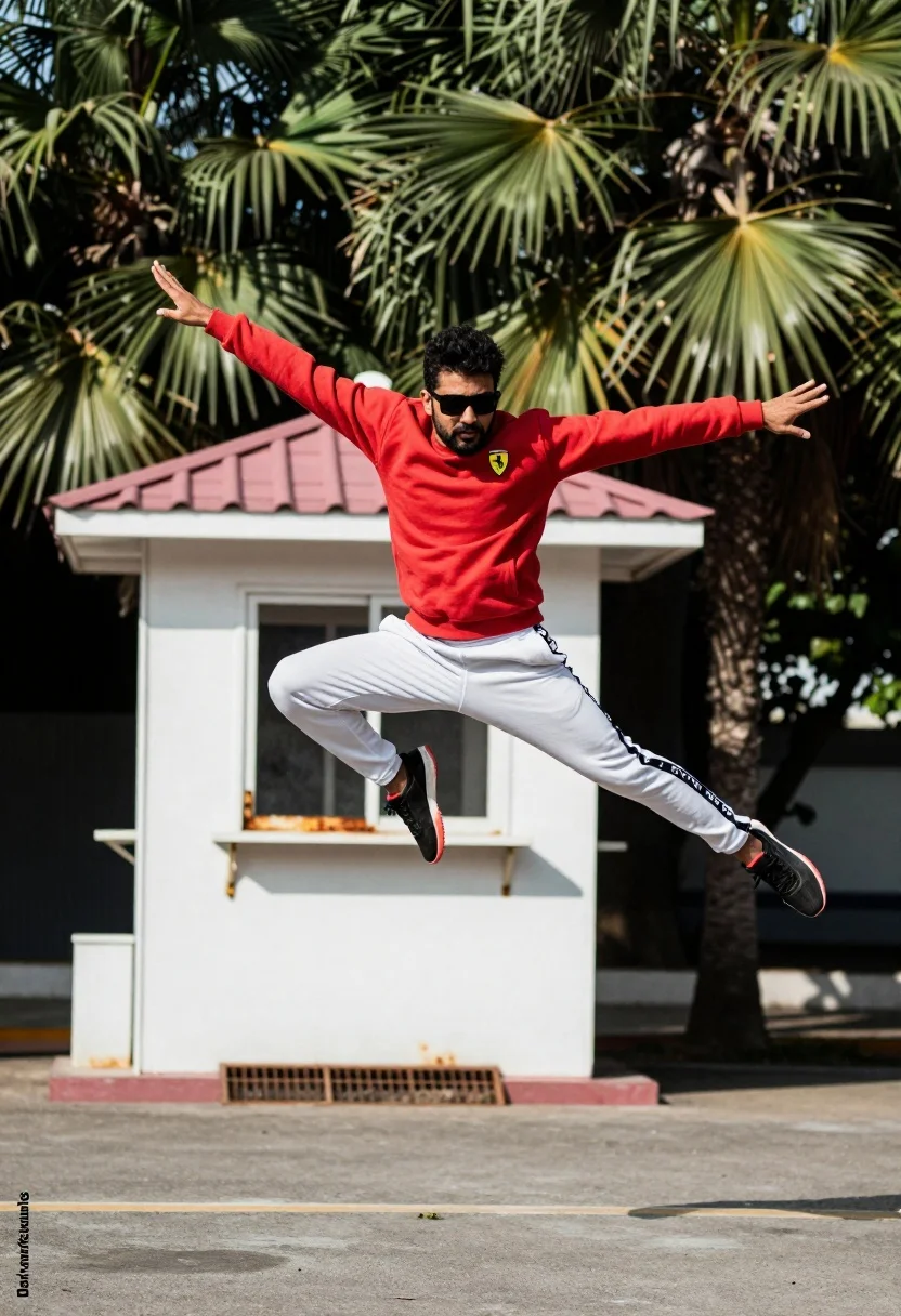 Man Captured Mid-air Performing Dynamic Jump With Arms Outstretched And