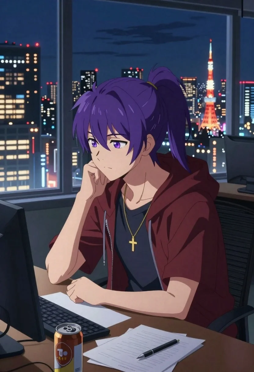 Anime-style Illustration Contemplative Young Man With Purple Hair Tied High reference photo