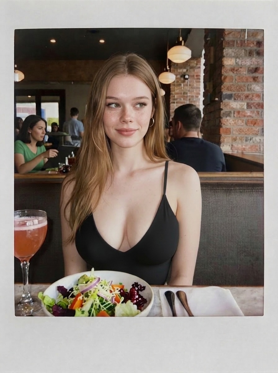 A woman in a black spaghetti-strap top sitting at a restaurant table with a salad and cocktail, smiling slightly.