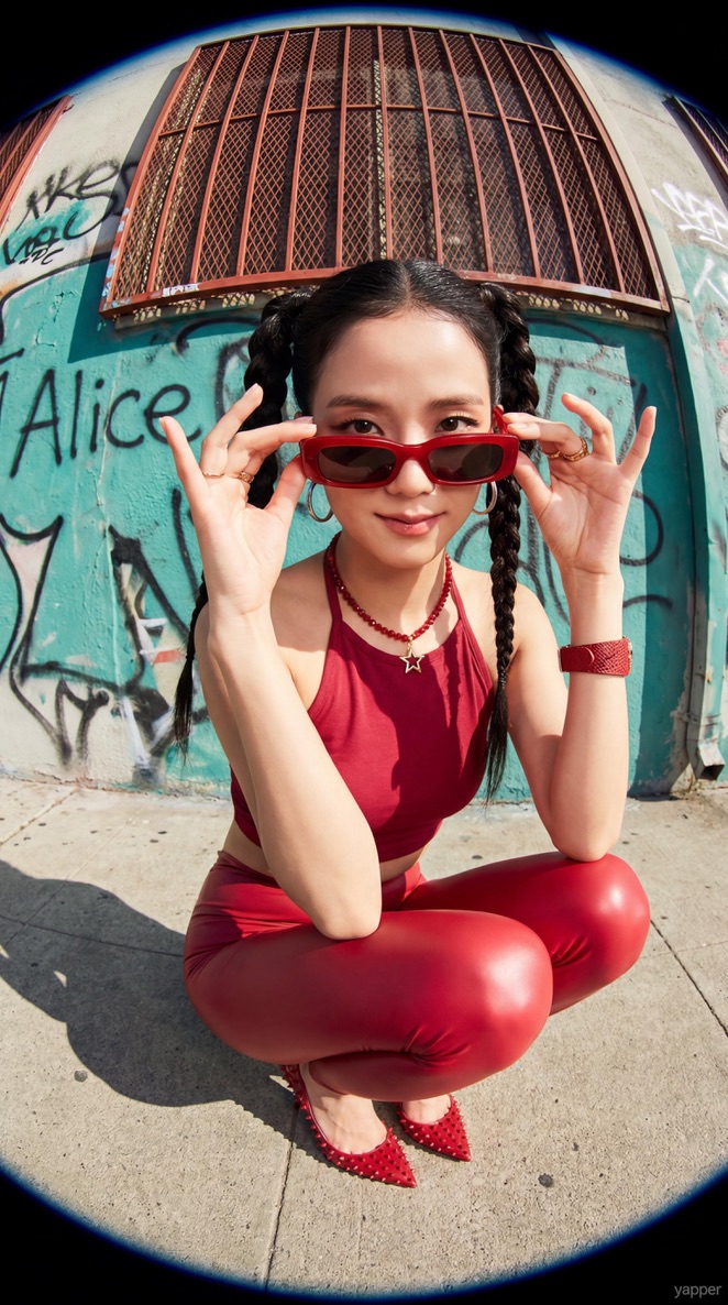A photorealistic portrait of Rosé crouched in a cobalt blue outfit on a textured teal wall, wearing sunglasses and high heels.
