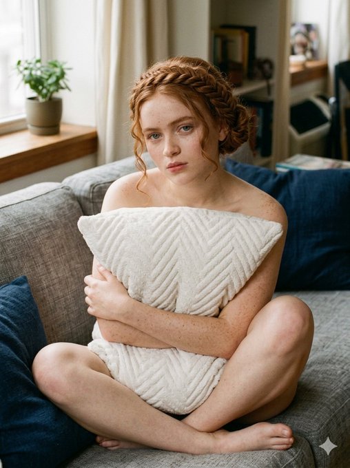 Photorealistic portrait of a woman with messy red hair sitting on a textured gray sofa, hugging a white pillow, soft natural light.