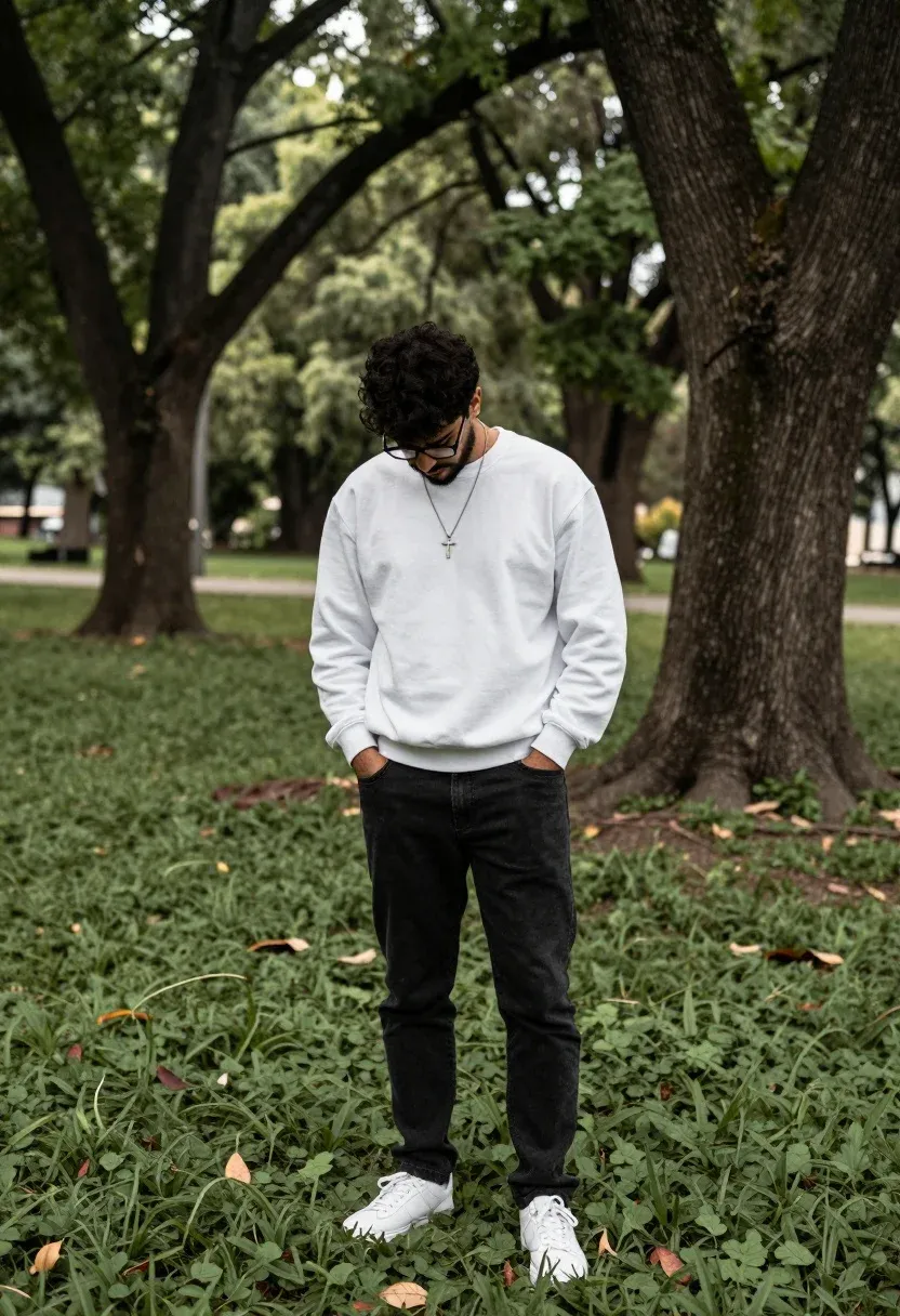 Man Stands Grassy Park With His Head Bowed Low And