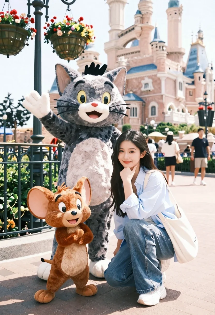 Cheerful Woman Crouching Beside Two Large Mascot Characters Vibrant Theme