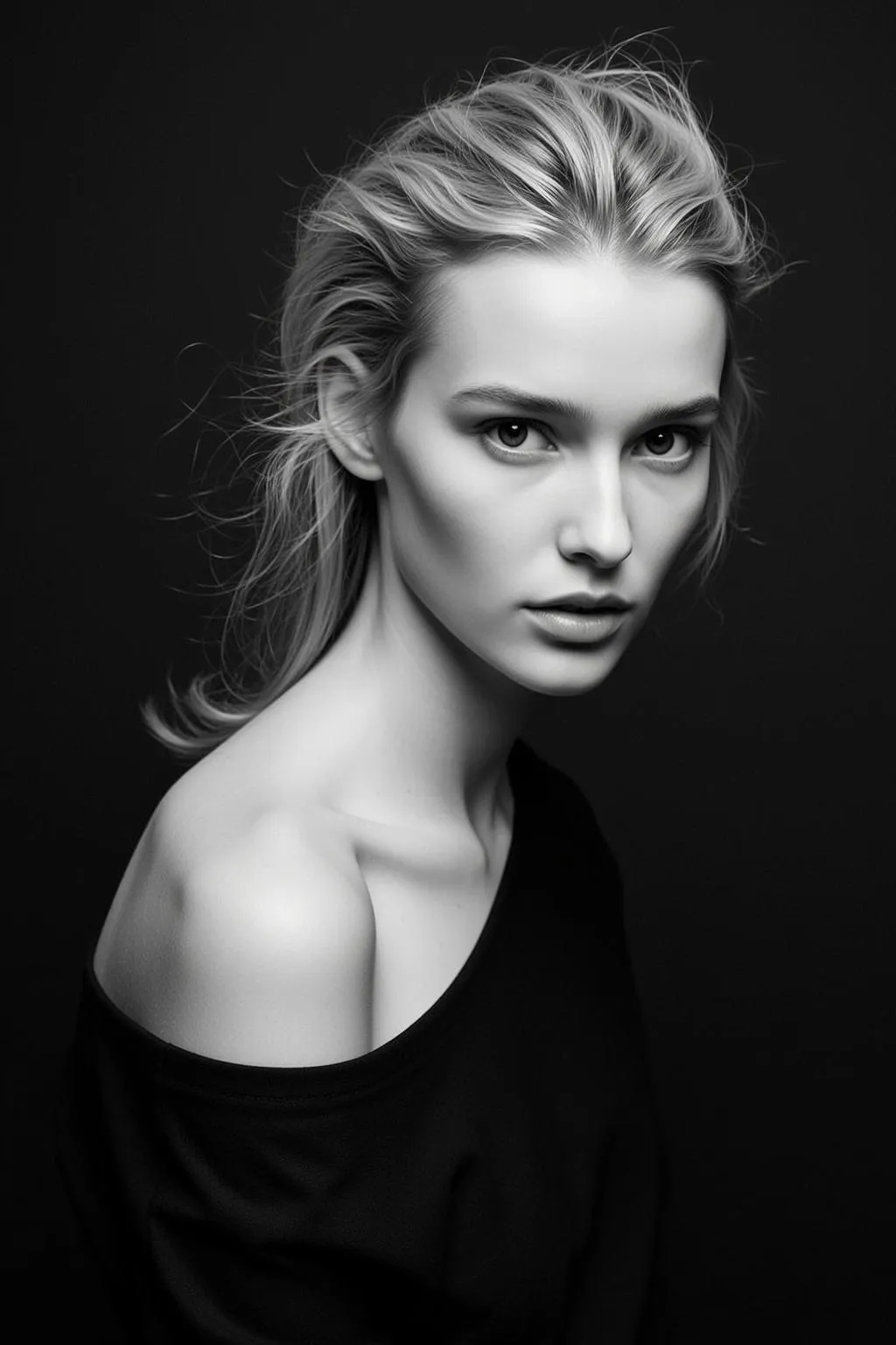 Photorealistic High-contrast Black And White Portrait Young Woman With Fair