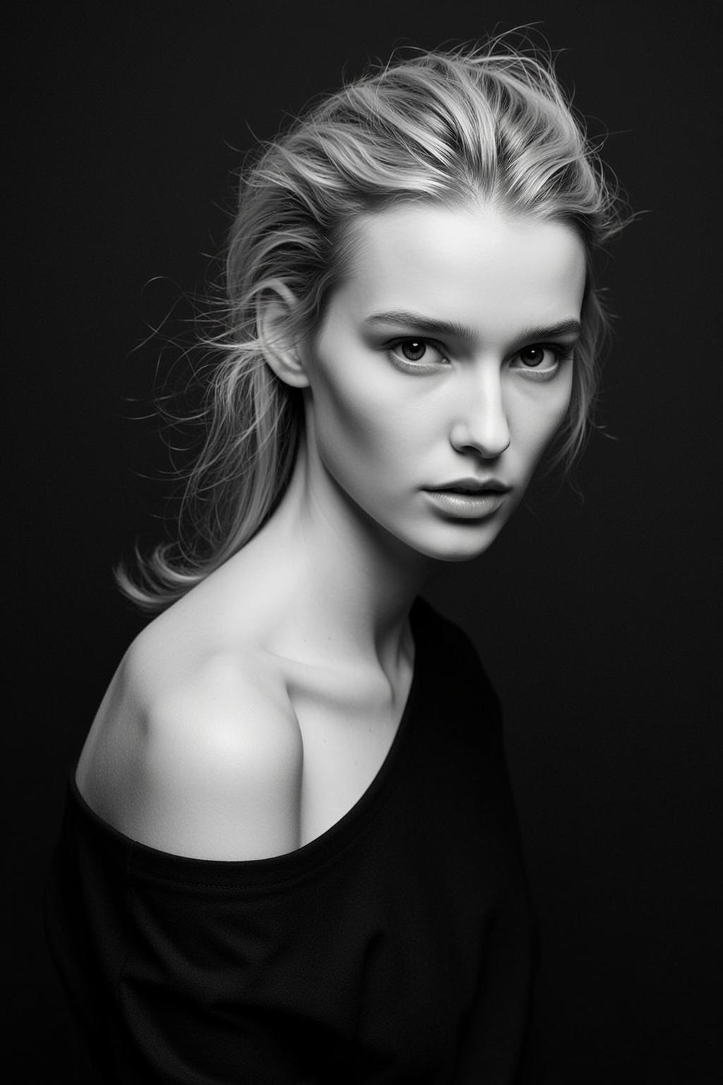 Photorealistic High-contrast Black And White Portrait Young Woman With Fair
