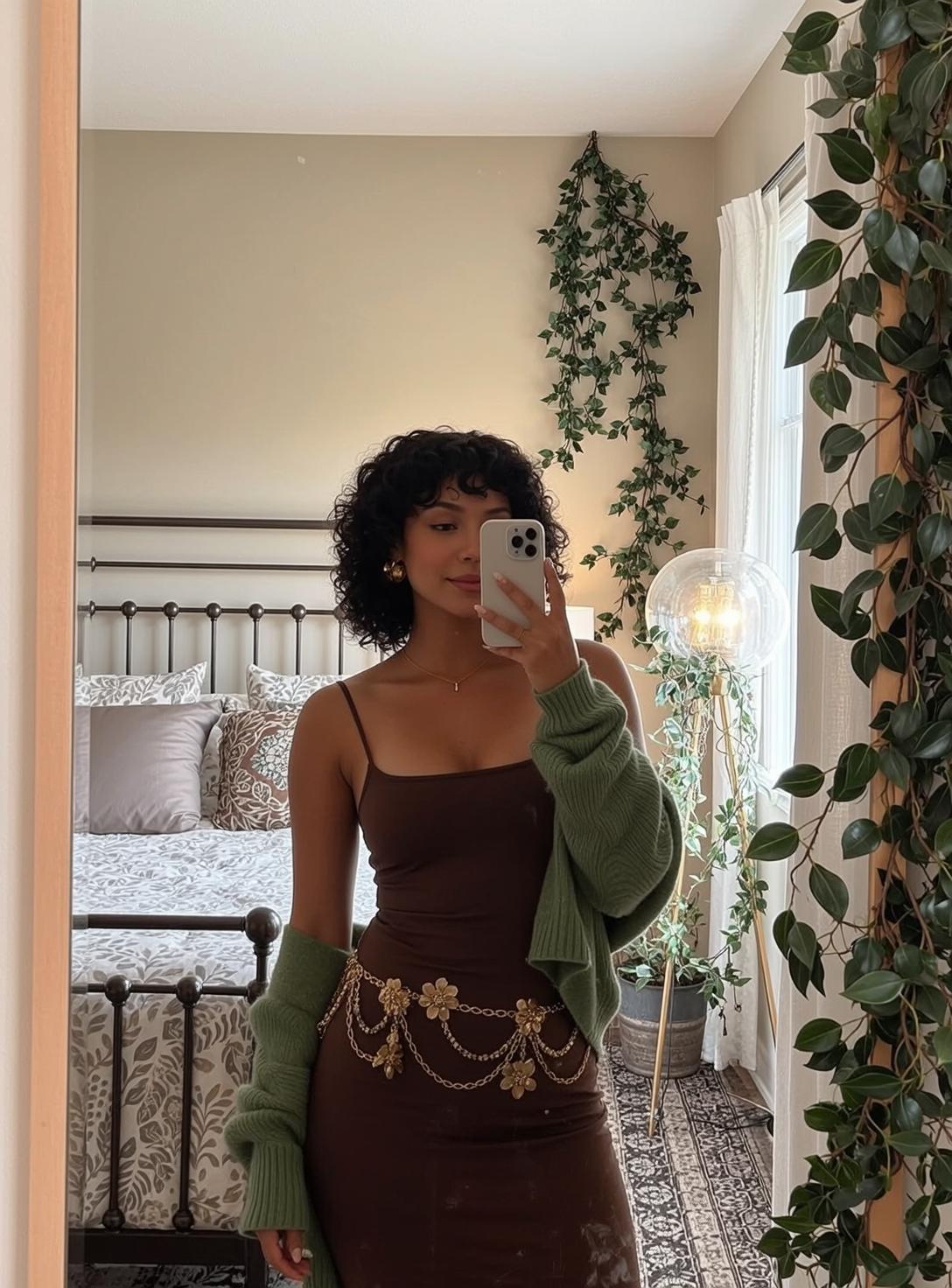 Cozy Bedroom Soft Light Young Woman Brown Dress
