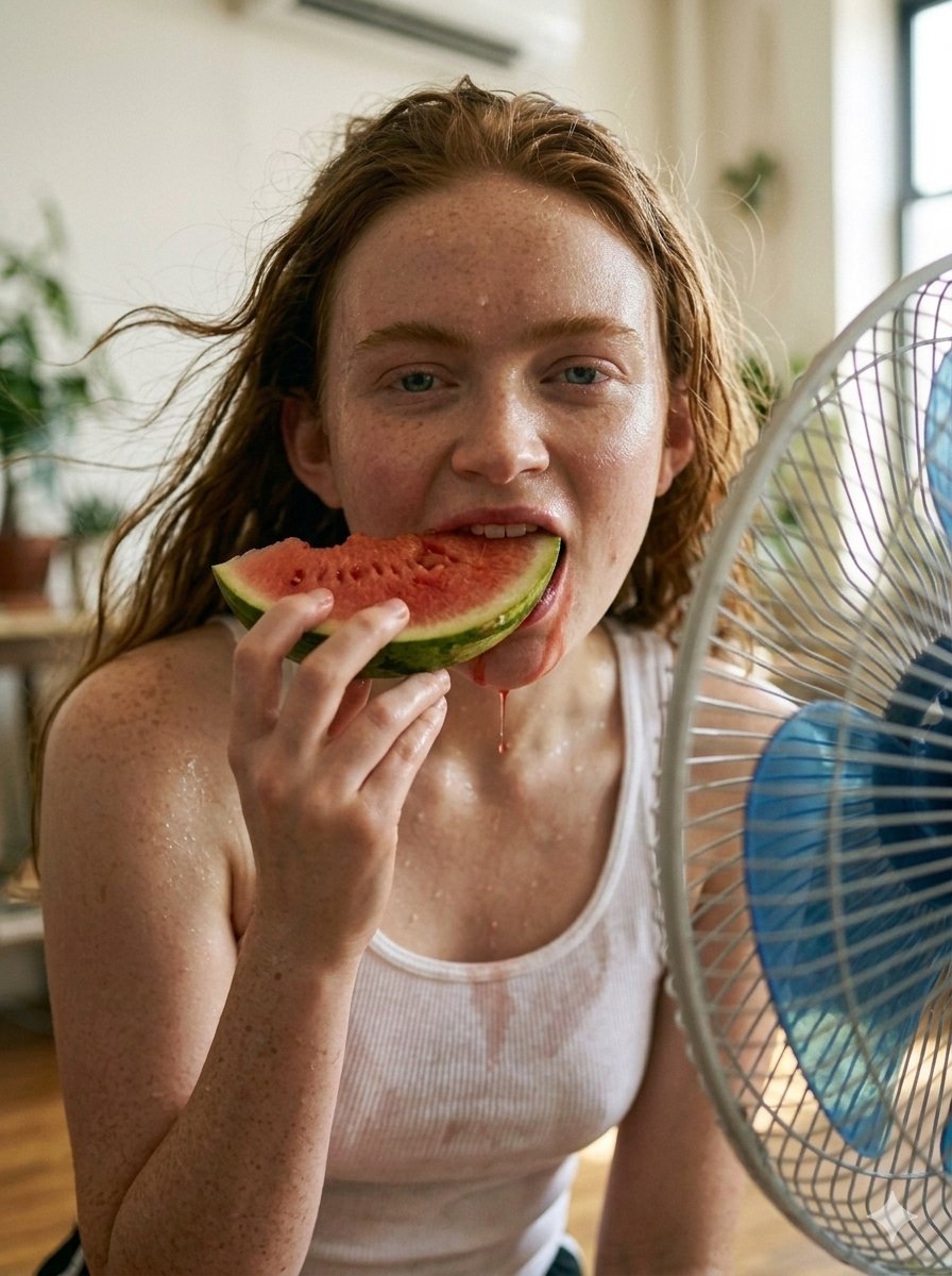 Eating Watermelon In Sunlit Room Fan Blowing Hair