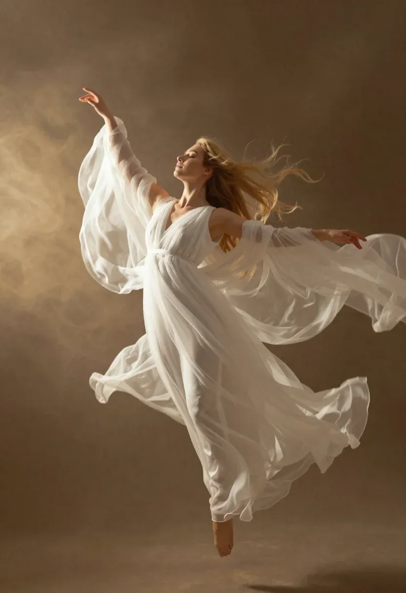 Woman Flowing White Garments Suspended Mid-air Within Swirling Golden Mist