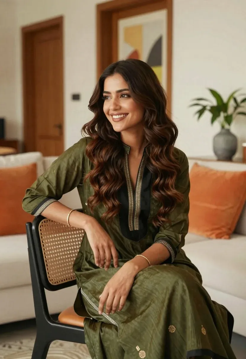Smiling Woman With Long Wavy Brown Hair Sits Comfortably Modern