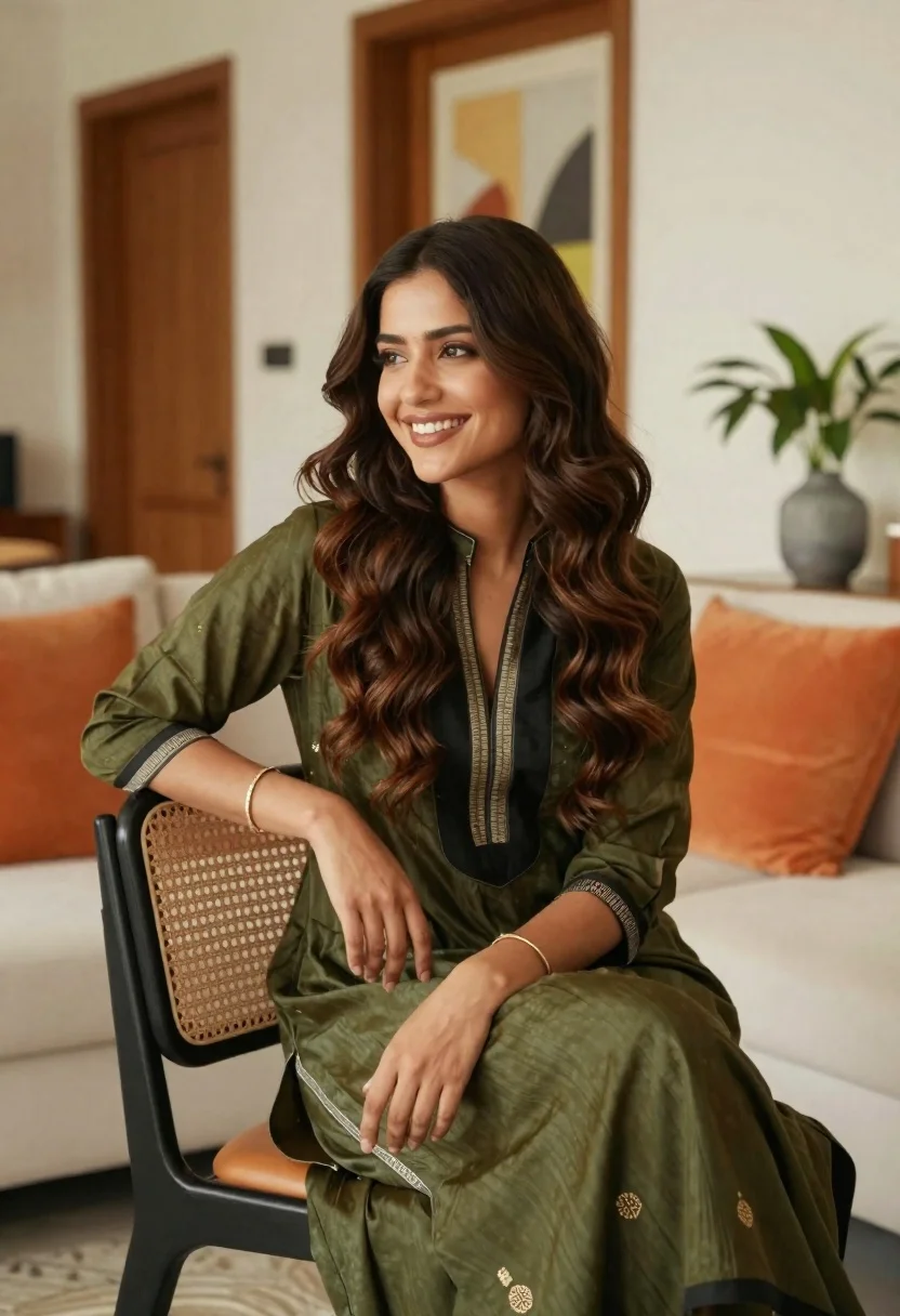 Smiling Woman With Long Wavy Brown Hair Sits Comfortably Modern reference photo