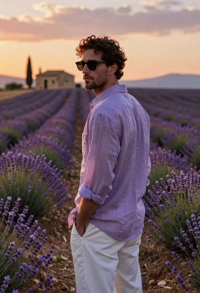 Man Stands Lavender Field Sunset Looking Back Over His Shoulder