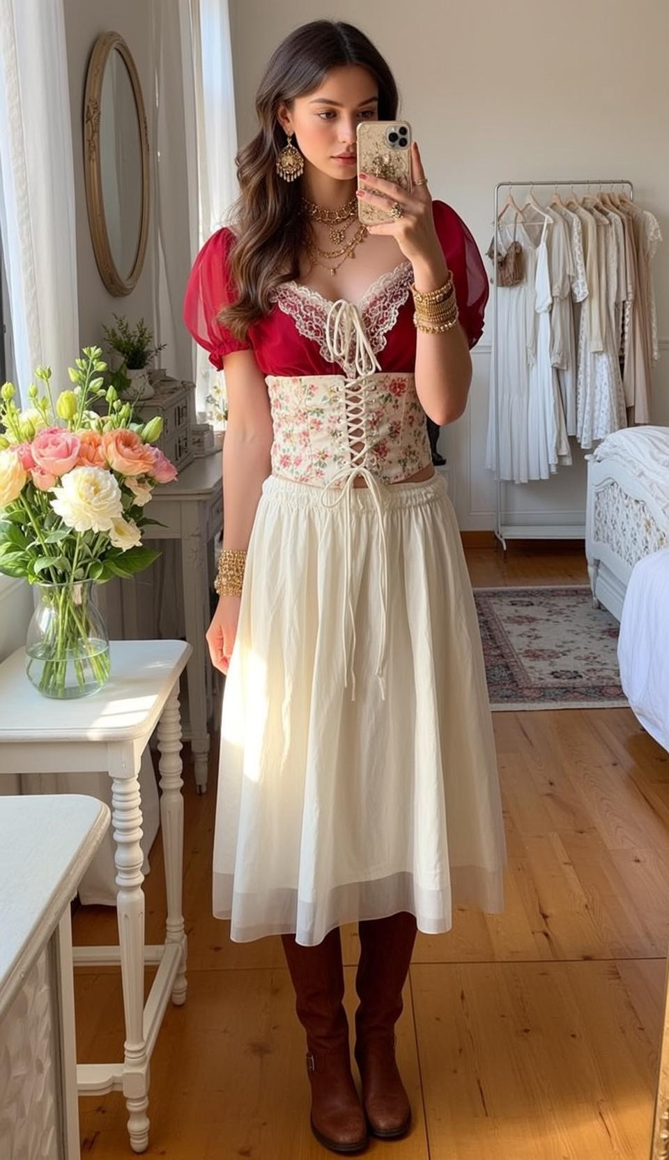Bedroom Mirror Selfie Red Sheer Top Cream Skirt