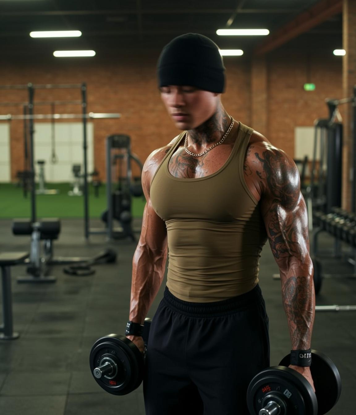 Muscular Short Dark Tanned Olive Green Tank