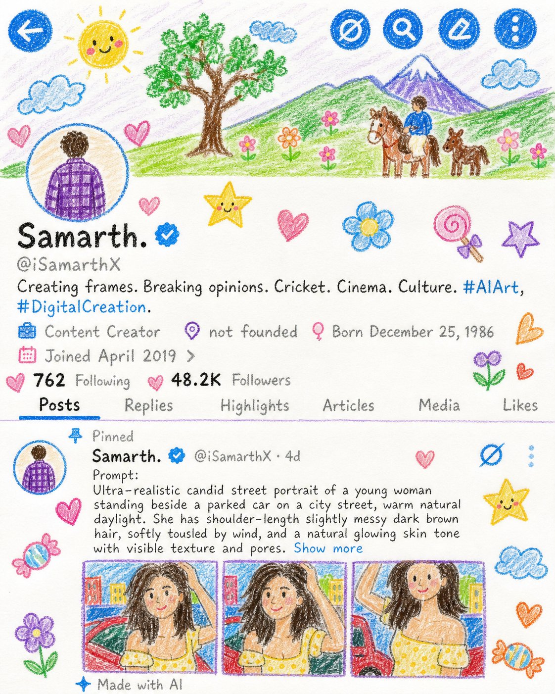 Colored Pencil Profile Page With Sun Horses And Rider
