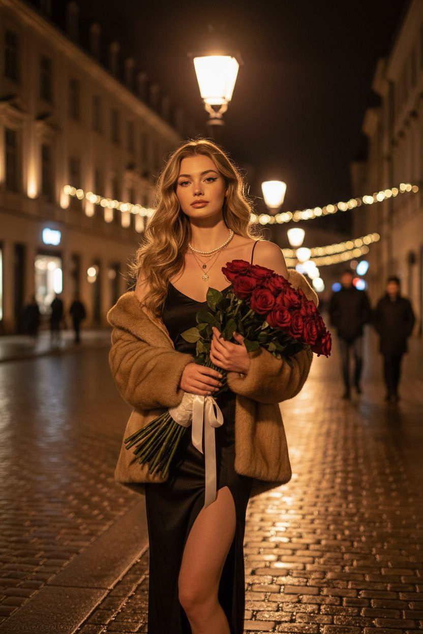 Glamorous night portrait of a woman in a slip dress and faux fur coat, holding red roses on a cobblestone street.