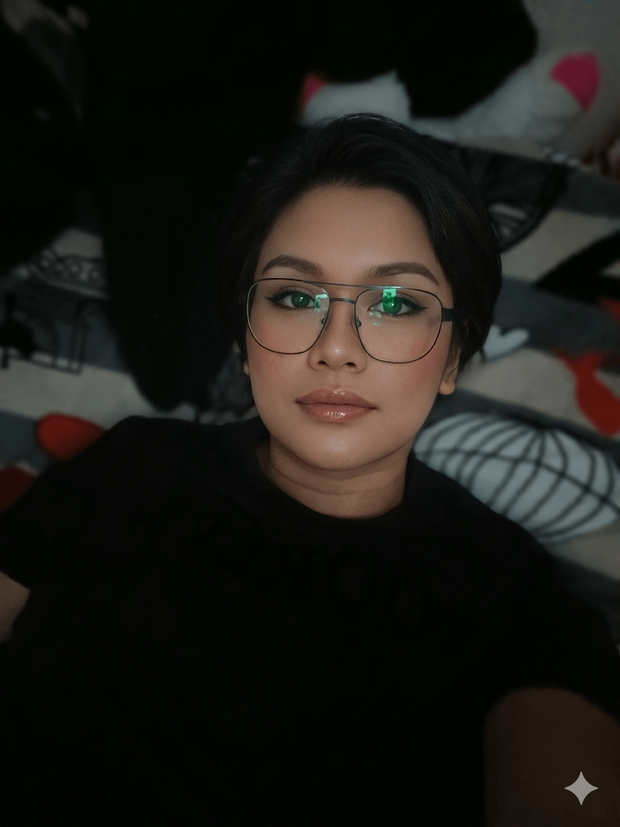 Face Lying On Patterned Bedspread Selfie